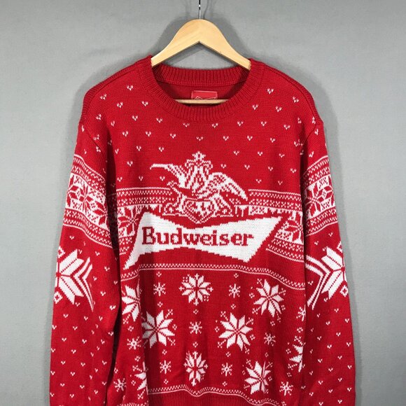 Budweiser Sweater Men's Large Red Knit Graphic Pullover Christmas Long Sleeve - Picture 1 of 13
